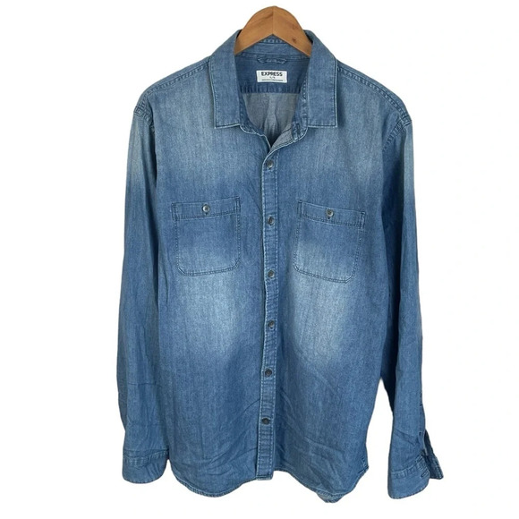 BF1093 Men’s Express Designer Trendy Chambray Denim Button Down Shirt XL - Picture 1 of 5
